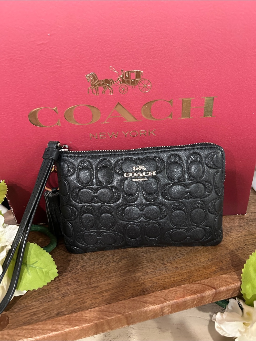 Coach Black Embossed Signature Leather Wristlet